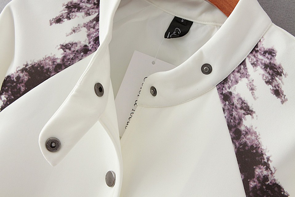 Fashion women White eiffel print coat outwear pocket button long basketball Jacket long sleeve stand collar casual brand