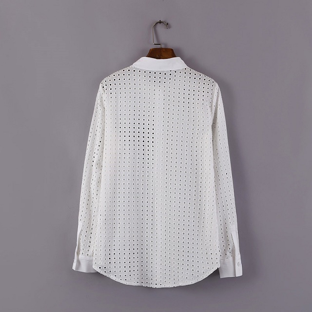 Fashion women white Turn-down collar Hollow Out Embroidry buttons blouses Long Sleeve shirts