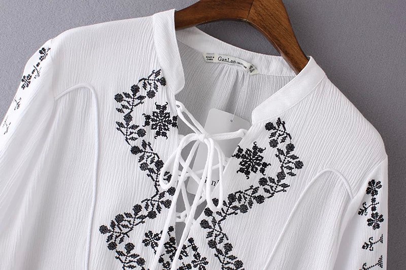 Fashion women white V-neck Embroidry Butterfly Sleeve blouses Vintage Ruffle Long Sleeve shirts