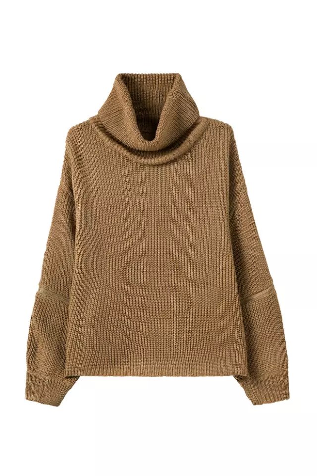 Fashion women winter brown Turtleneck open zipper sleeve knitted Oversized sweater short pullover loose Casual brand