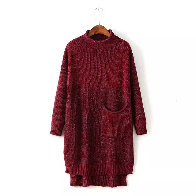 Fashion Women Winter khaki Knitted sweater side open pocket Mid-Calf Dress batwing Sleeve Turtleneck casual brand