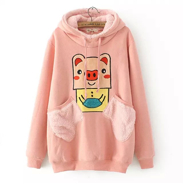 Fashion women Winter thick gray Drawstring hooded Cartoon Embroidery Pullovers pocket hoodies Sweatshirt Casual brand tops