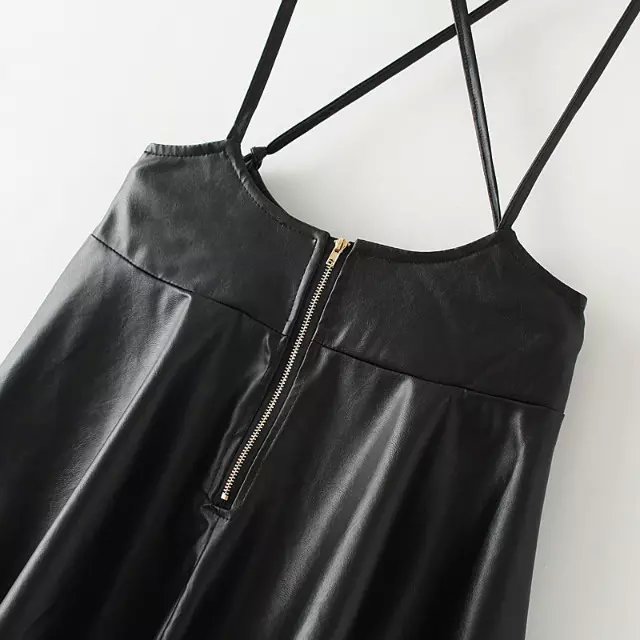 Fashion Womens Elegant strap Faux Leather Black Skirt sleeveless casual Overalls female
