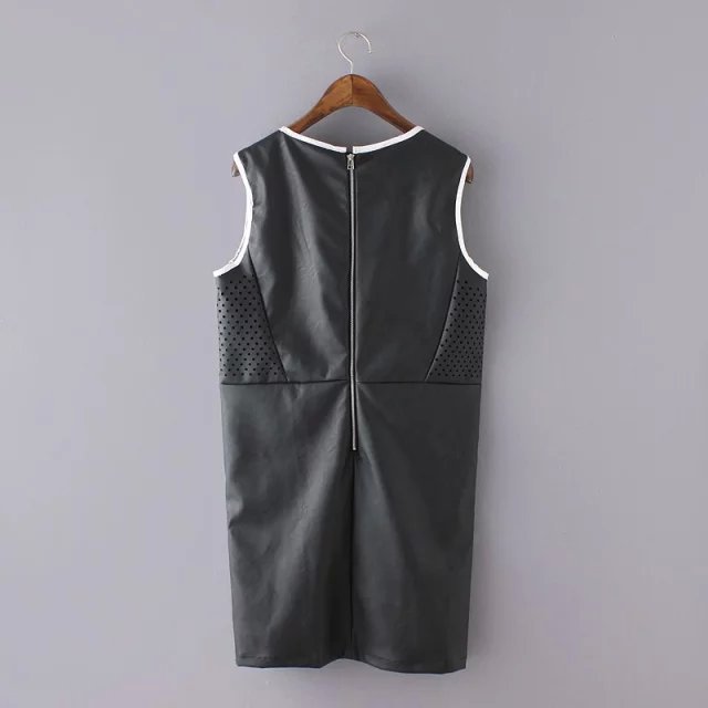 Faux leather Tank Dress for Women Fashion Autumn Hollow Sleeveless O Neck Back Zipper casual Straight brand vestidos