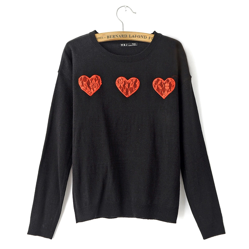 Knitted sweaters for women Fashion Embroidery Lace Love Heart O-Neck warm winter Pullover long sleeve Casual brand
