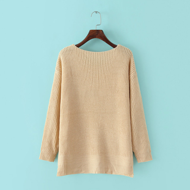 Knitted sweaters for women winter england Fashion Khaki Pullover Batwing sleeve side open O-neck basic Casual loose brand