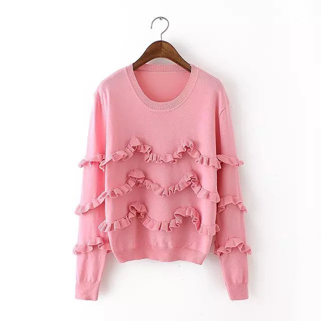 Knitting sweaters for women Autumn Fashion Ruffles Red O neck Pullover knitwear long sleeve Casual knit brand top