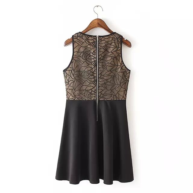 New Fashion women sexy black Lace Mesh Patchwork Embroidery zipper pleated Dress sleeveless O neck casual party dress