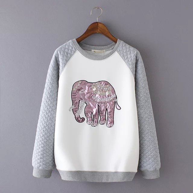 New Fashion Women silver elephant Embroidery pullover Hoodies sweatshirts Casual O-neck long Sleeve brand designer Tops