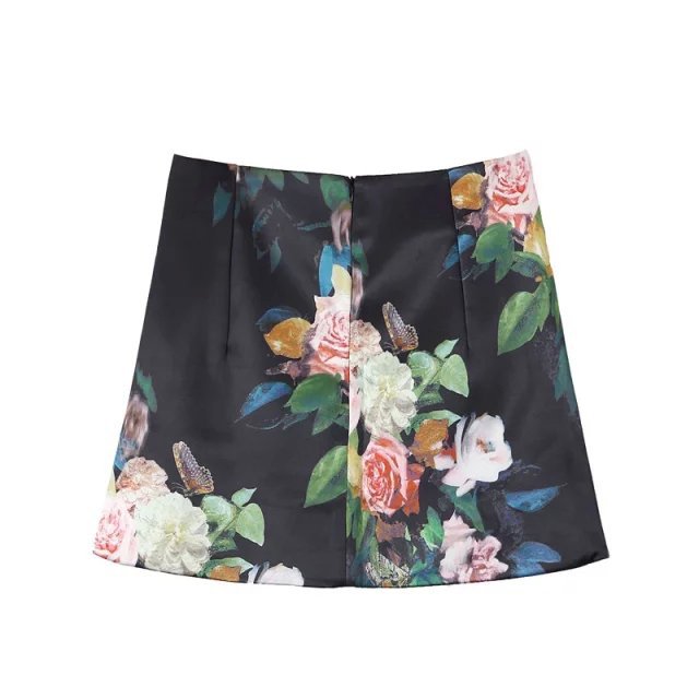 Skirts for Women Vintage Autumn Fashion Satin Floral print Plus Size Zipper casual brand skirt feminino femme