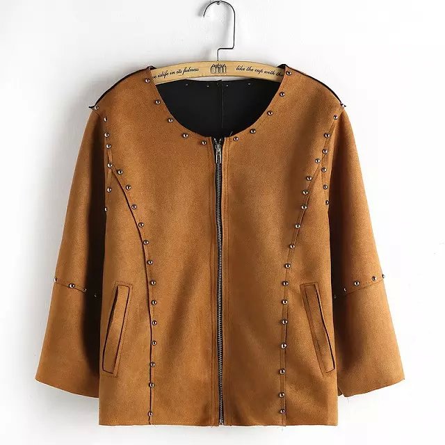 Suede Leather Jacket for Women Fashion Autumn Zipper Pockets Rivet Casual Three Quarter brand mujer Jacket tops