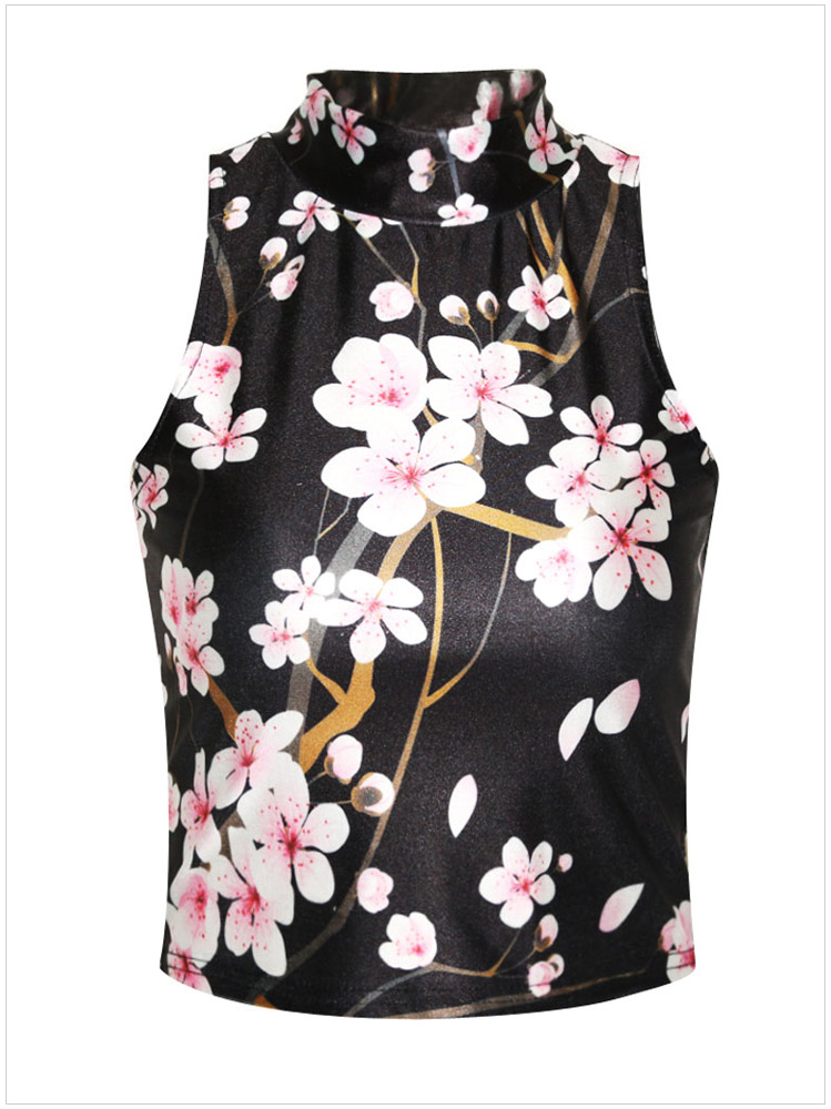 Summer Fashion Women Floral print Turtleneck sleeveless casual cozy stretch brand designer Tank Crop tops