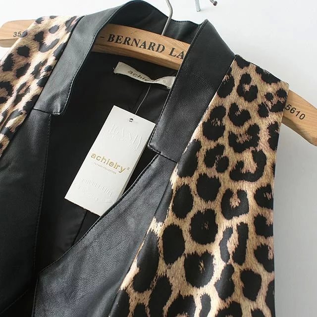 Vest Jacket for female Autumn Fashion Faux Leather Patchwork Leopard print women waistcoat casual female brand