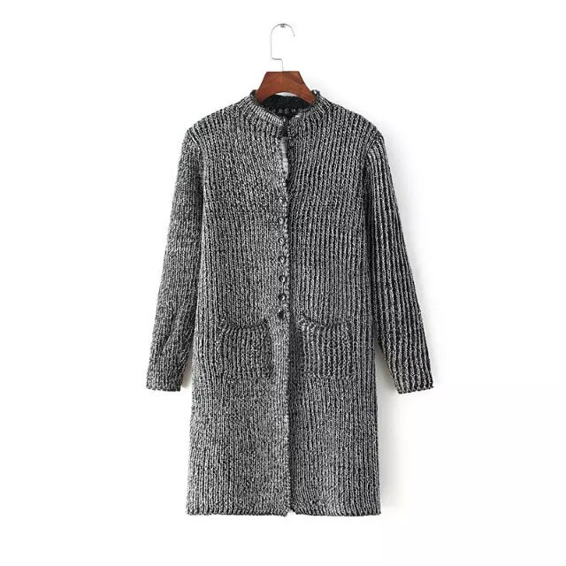 Winter Fashion Women Elegant Gray Knitted Cardigan long Sleeve Pocket Casual Loose Button thick warm coat long Sweaters