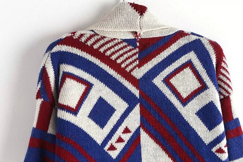 Winter thick warm Fashion Women Elegant Geometric pattern Knitted Long Sweaters Cardigan turn-down collar Casual Outwear