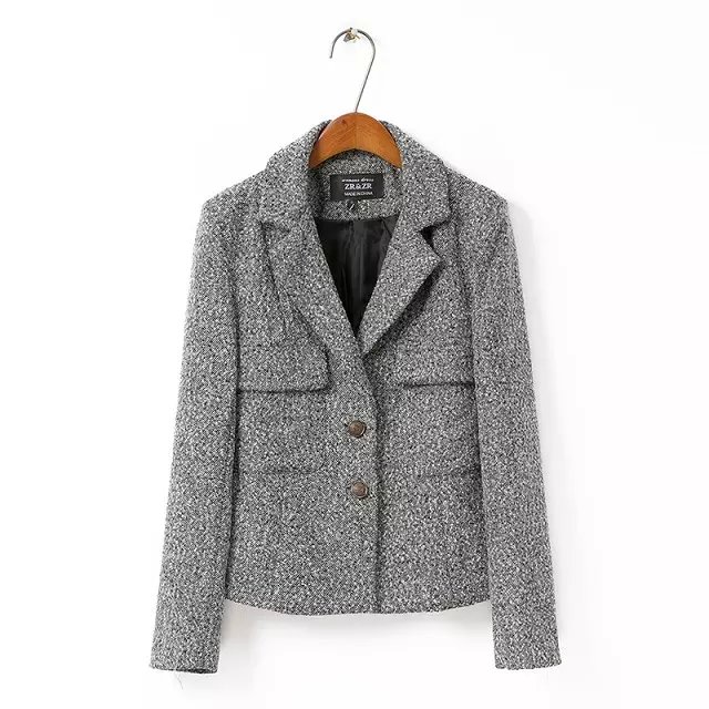 winter women fashion elegant brown woolen short coat long sleeve button Turn-down collar pocket outwear casual brand