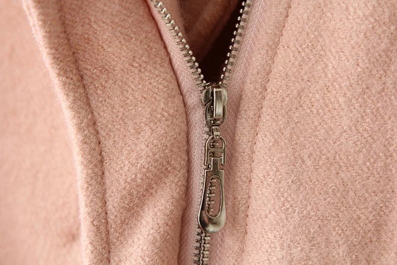 Winter women fashion elegant Pink woolen short coat long sleeve zipper pocket Turn-down collar pocket outwear casual brand