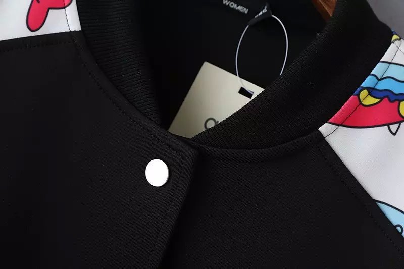 Women baseball jacket Fashion Autumn fish pattern Patchwork black sport pocket Casual Long sleeve brand tops
