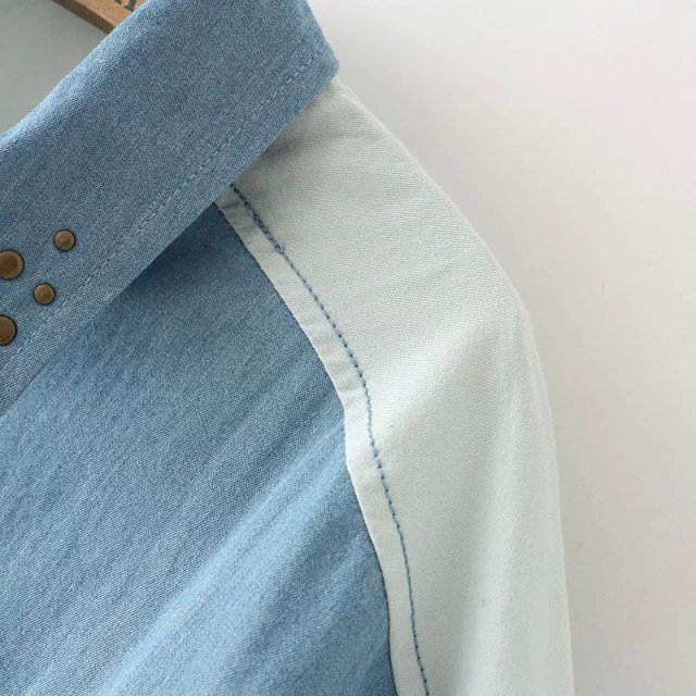 Women Blouse Fashion washing denim patchwork rivet Pocket Turn-down Collar long Sleeve Casual shirt blusas camisa Brand