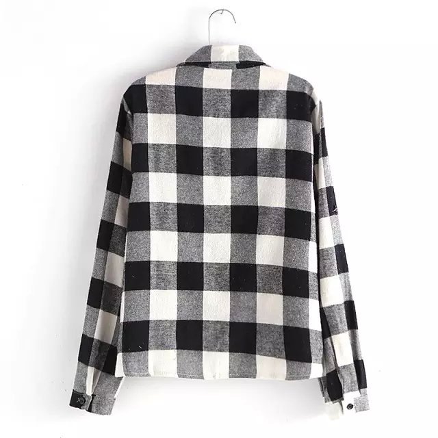 Women Cotton Blouse Fashion School style Black Plaid Pattern Pocket Turn down collar long Sleeve shirts Casual brand Tops