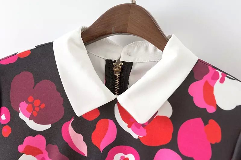 Women Dress Fashion Autumn Rose Print Peter Pan Collar Long Sleeve Back Zipper casual Straight brand vestidos