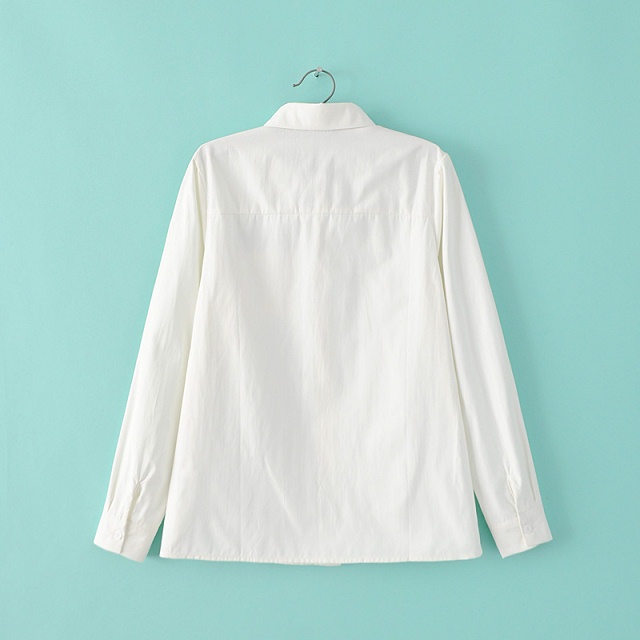 Women fashion elegant school style white cotton Letter Embroidery pocket blouse turn-down collar button shirt casual brand