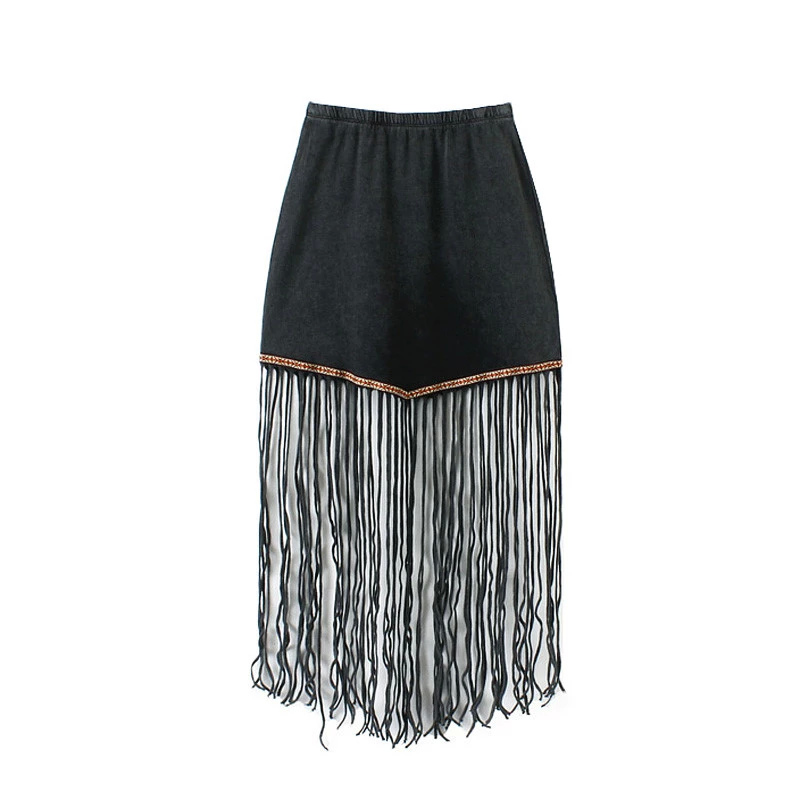 Women Gray Geometric Embroidery skirt Fashion Tassel Stretch fit Elastic Waist Female Mini saias feminina faldas jupe