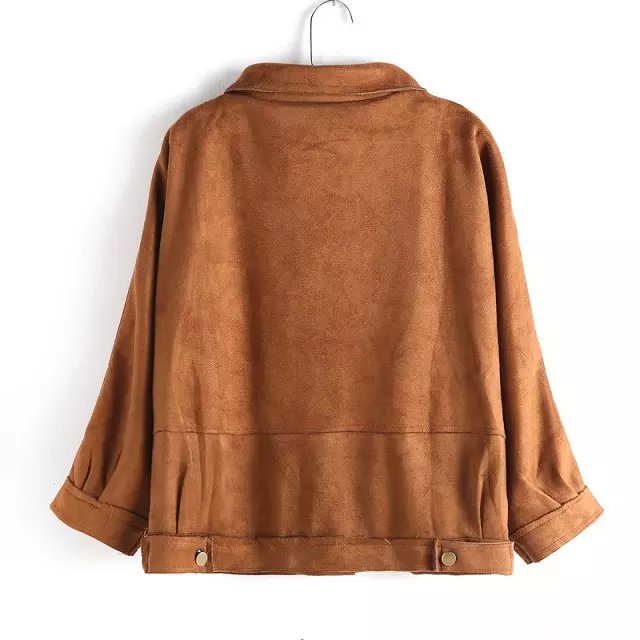 Women jacket Fashion Autumn Suede Leather Casual Zipper pocket Button Three Quarter Sleeve short coat brand mujer