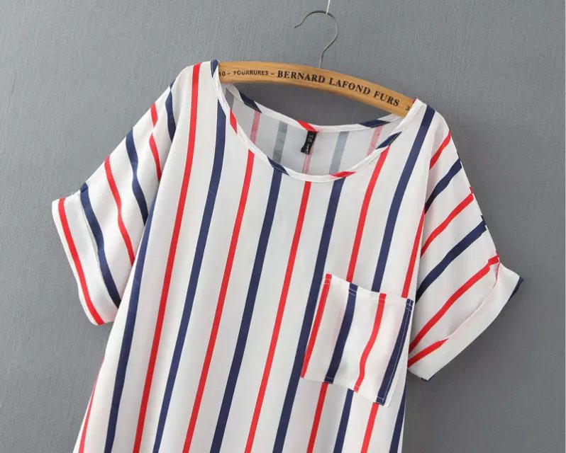 Women short sleeve T-shirts Fashion Vertical striped print O Neck Pocket shirt blusas camisa casual loose Brand tops