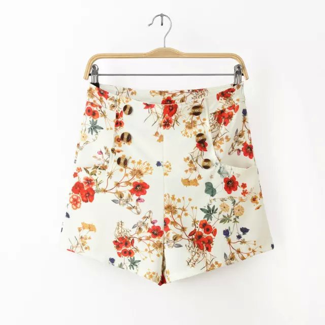 Women Shorts Fashion Vintage Floral Print White High Waisted Pocket Zipper Buttons Casual Short