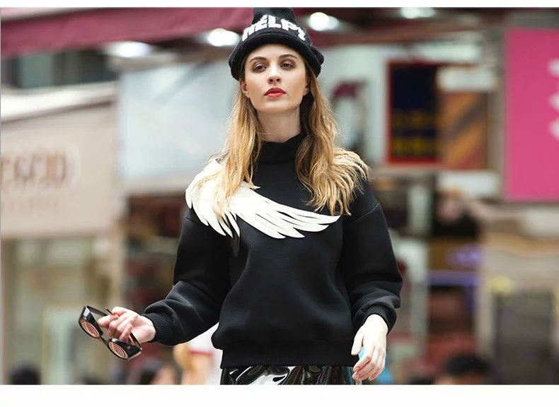 Women Sweatshirts Fashion black Wing Patchwork Sports Pullover Turtleneck back zipper hoodies Casual brand plus size