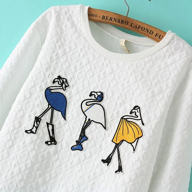 Women Sweatshirts Fashion Cartoon Embroidery Quilted cotton White Pullover knitwear O Neck Casual brand Moletom Feminino
