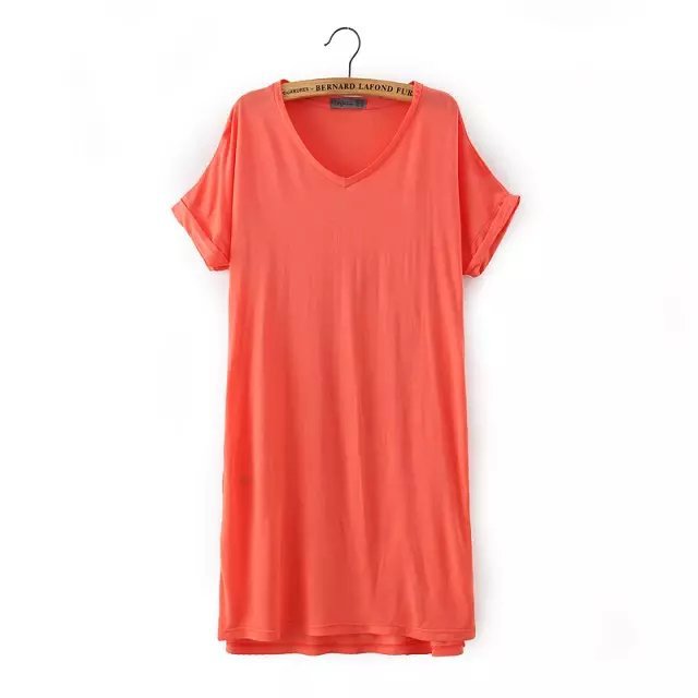 Women T-Shirts Dress Fashion Autumn Solid short Sleeve V neck Black red casual loose vestidos brand