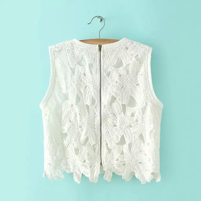 Women Tanks Summer fashion Sexy Wave edge vintage Lace Hollow out cropped Tops Sleeveless tee cropped