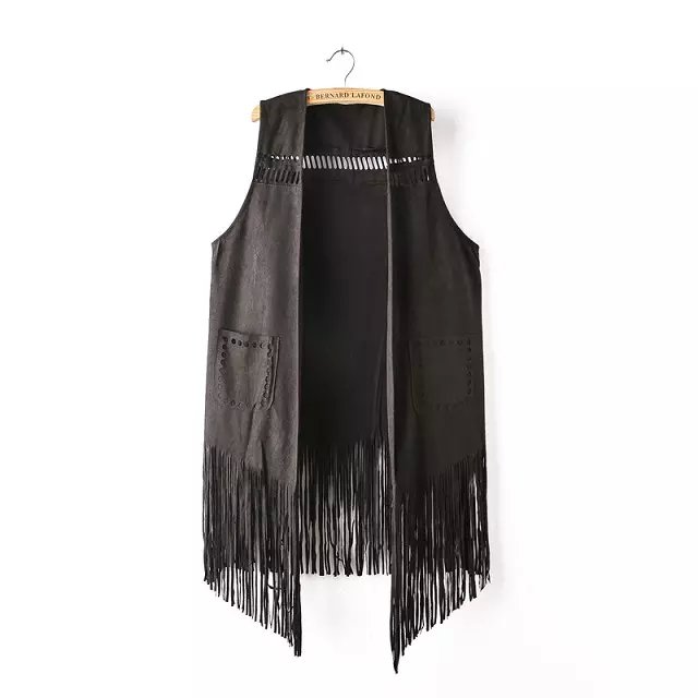 Women Waistcoat Fashion Vintage Retro Khaki Faux Suede Leather Vest Hollow out Tassel pocket casual Sleeveless brand