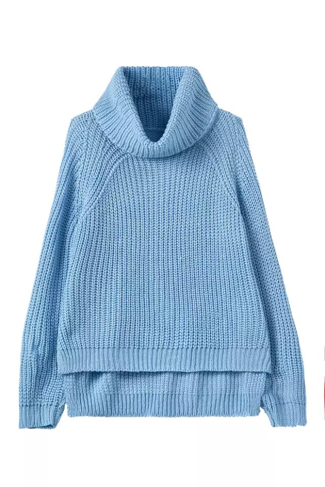 Women winter Knitted Sweaters American fashion Blue Side open oversized pullovers Turtleneck casual long Sleeve Brand