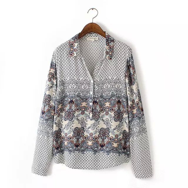 American Autumn Style Fashion Geometric Print blouse for women V neck vintage Long Sleeve casual loose Brand tops