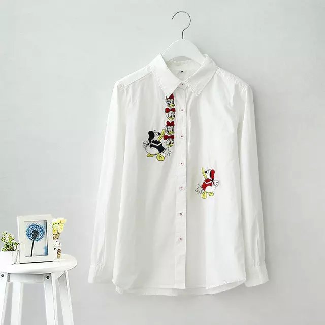 Autumn Fashion women cartoon Embroidered white Turn-down collar Long Sleeve Cotton Blouse Long Sleeve casual Brand tops
