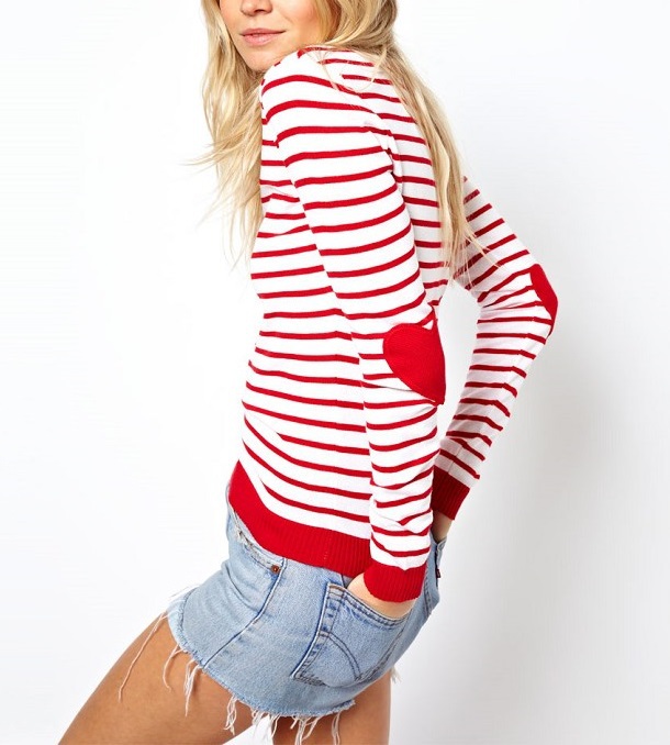 Autumn Fashion women red Striped Love Heart Patch Pullover O neck long sleeve Casual knitted sweaters brand tops