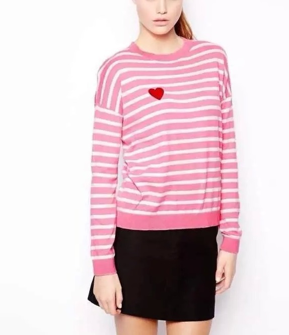 Autumn Fashion women Striped Pink Love Heart pattern Pullover knitwear O neck long sleeve Casual knitted sweaters brand