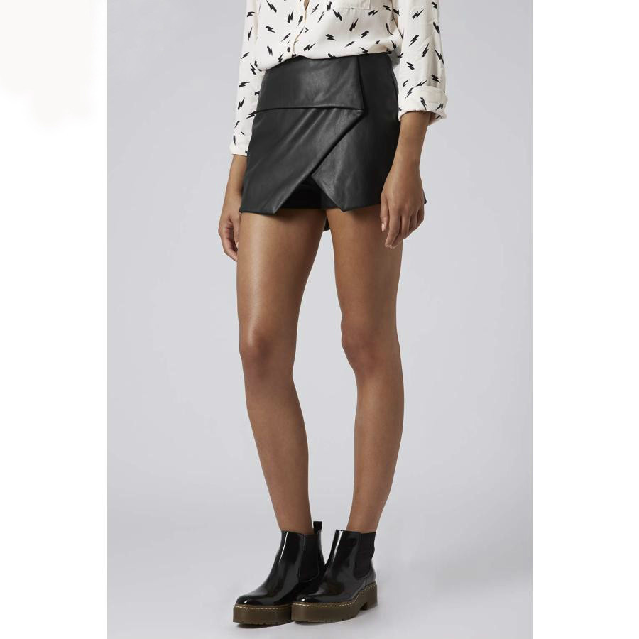 Fashion elegant pu leather Asymmetrical Geometric Shape shorts Slim Vogue casual brand women shorts