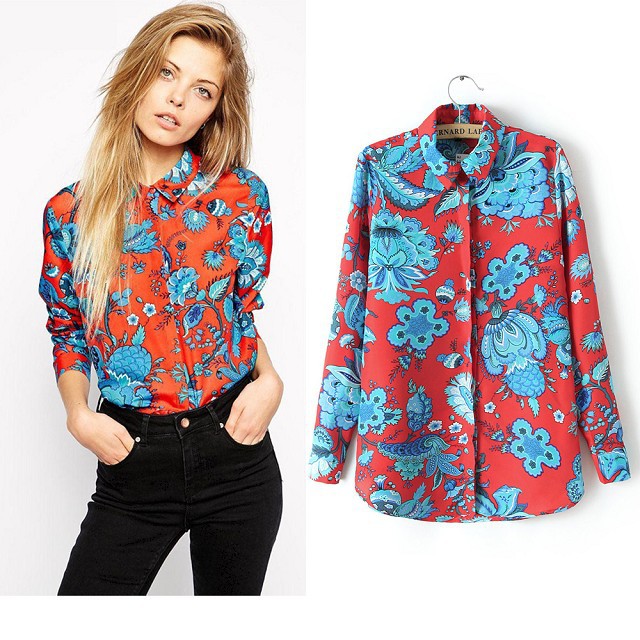Fashion female work wear vintage floral print blouse long sleeve Shirts casual blusas top 01JH51