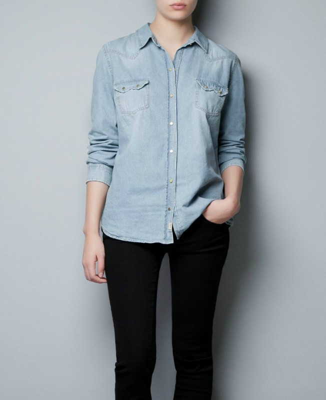 Fashion Ladies' elegant Classic blue Denim Turn-down collar pocket shirt blouse long sleeve casual shirts
