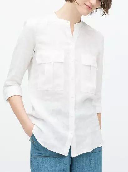 Fashion Ladies' Elegant Cotton Linen blouses Standing collar long sleeve pocket white shirts casual brand designer tops