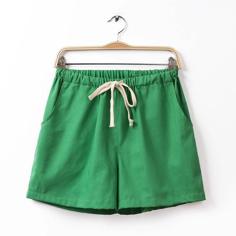 Fashion Ladies Elegant Cotton Linen Drawstring elastic waist casual brand design pocket shorts