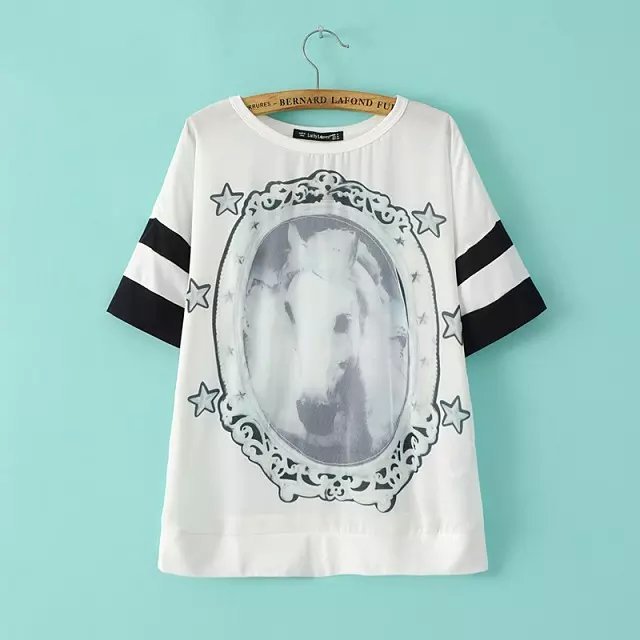 Fashion Ladies Elegant Horse printed T shirt O-Neck short sleeve Mesh Patchwork Shirts Casual Brand Tops