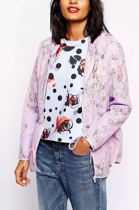 Fashion Ladies' elegant Lace Purple zipper hooded Jacket coat stylish long sleeve drawstring outwear casual brand top