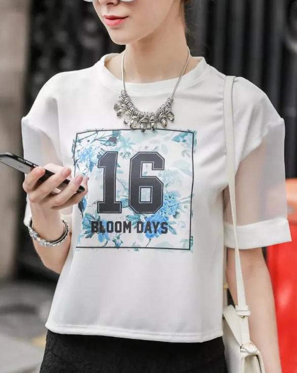 Fashion Ladies Elegant Number printed Mesh Patchwork Blouse O-neck short Sleeve white shirts casual tops