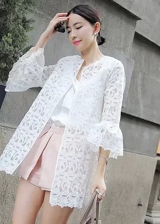 Fashion Ladies Elegant sweet floral Lace See Through Cardigan Ruffle Middle sleeve Casual slim brand designer Tops