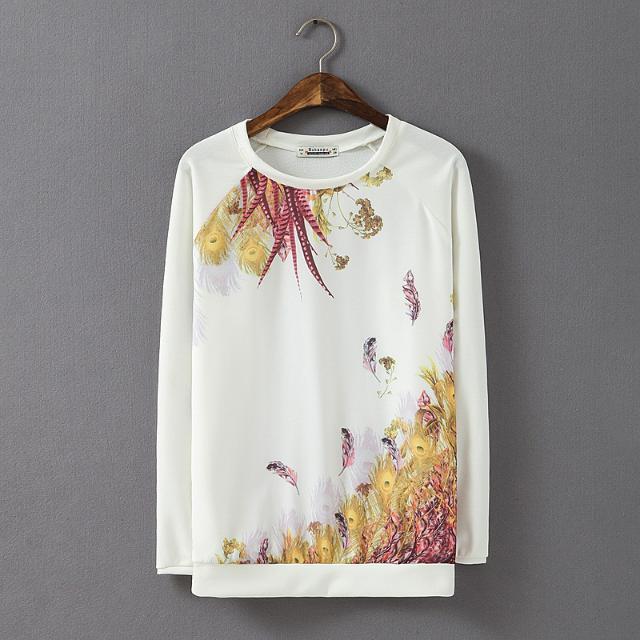 Fashion Ladies' feather Pattern white sports pullover outwear Casual slim O-neck long Sleeve brand designer Tops